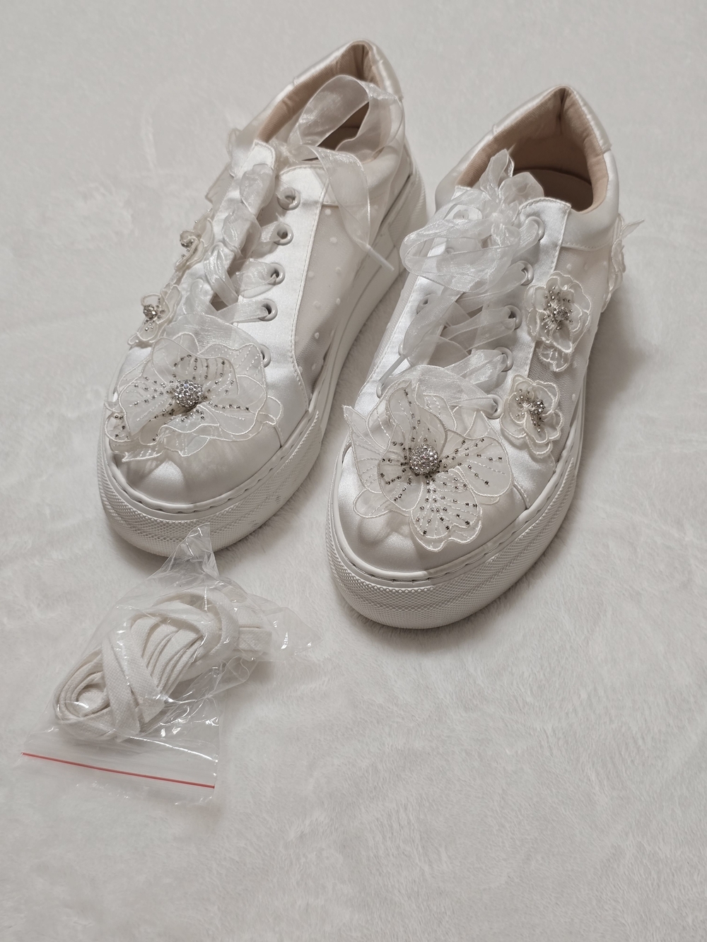 Betsy Johnson White Satin Floral Appliqué Platform Sneakers